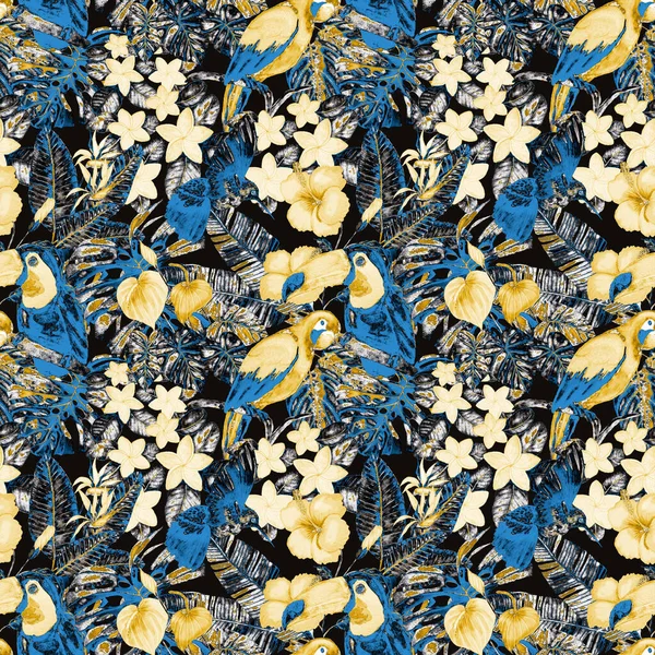 Kuşların, tropik çiçeklerin ve yaprakların olduğu kusursuz bir suluboya deseni. Her türlü tasarım için parlak bir yaz baskısı. Egzotik orman hayvanı duvar kağıdı. Moda baskısı.