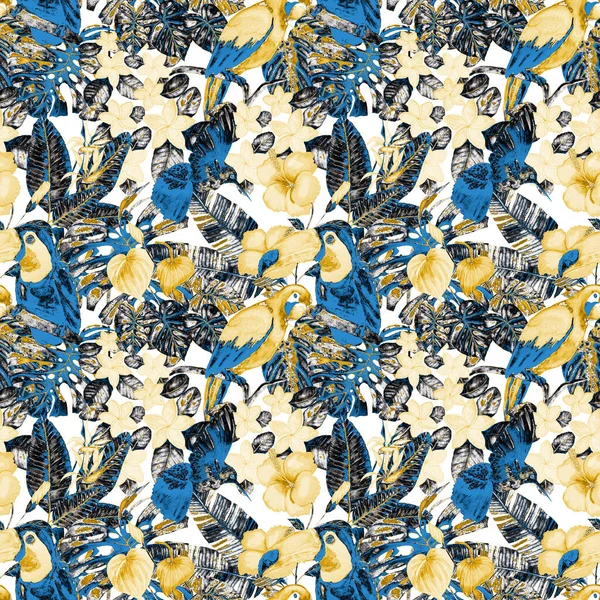 Kuşların, tropik çiçeklerin ve yaprakların olduğu kusursuz bir suluboya deseni. Her türlü tasarım için parlak bir yaz baskısı. Egzotik orman hayvanı duvar kağıdı. Moda baskısı.