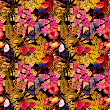 Kuşların, tropik çiçeklerin ve yaprakların olduğu kusursuz bir suluboya deseni. Her türlü tasarım için parlak bir yaz baskısı. Egzotik orman hayvanı duvar kağıdı. Moda baskısı.