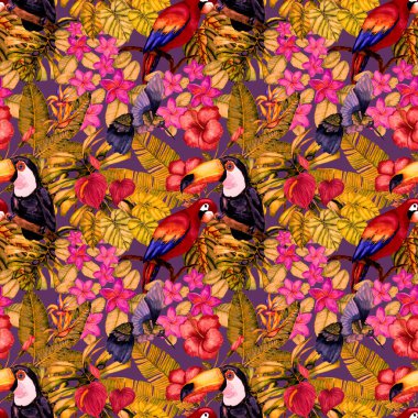 Kuşların, tropik çiçeklerin ve yaprakların olduğu kusursuz bir suluboya deseni. Her türlü tasarım için parlak bir yaz baskısı. Egzotik orman hayvanı duvar kağıdı. Moda baskısı.