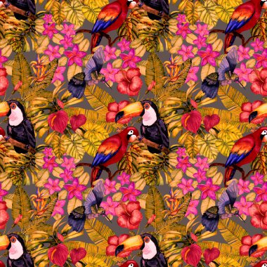 Kuşların, tropik çiçeklerin ve yaprakların olduğu kusursuz bir suluboya deseni. Her türlü tasarım için parlak bir yaz baskısı. Egzotik orman hayvanı duvar kağıdı. Moda baskısı.