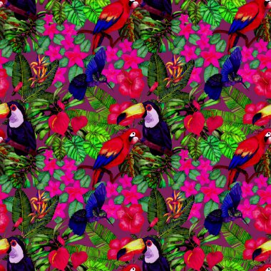 Kuşların, tropik çiçeklerin ve yaprakların olduğu kusursuz bir suluboya deseni. Her türlü tasarım için parlak bir yaz baskısı. Egzotik orman hayvanı duvar kağıdı. Moda baskısı.