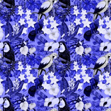 Kuşların, tropik çiçeklerin ve yaprakların olduğu kusursuz bir suluboya deseni. Her türlü tasarım için parlak bir yaz baskısı. Egzotik orman hayvanı duvar kağıdı. Moda baskısı.