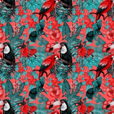 Kuşların, tropik çiçeklerin ve yaprakların olduğu kusursuz bir suluboya deseni. Her türlü tasarım için parlak bir yaz baskısı. Egzotik orman hayvanı duvar kağıdı. Moda baskısı.