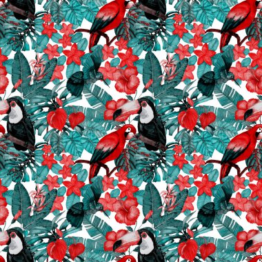 Kuşların, tropik çiçeklerin ve yaprakların olduğu kusursuz bir suluboya deseni. Her türlü tasarım için parlak bir yaz baskısı. Egzotik orman hayvanı duvar kağıdı. Moda baskısı.