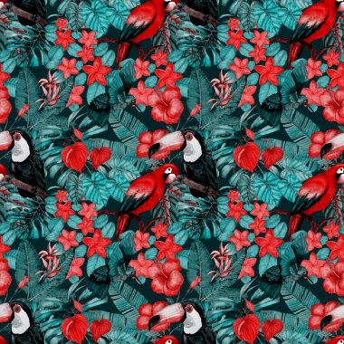 Kuşların, tropik çiçeklerin ve yaprakların olduğu kusursuz bir suluboya deseni. Her türlü tasarım için parlak bir yaz baskısı. Egzotik orman hayvanı duvar kağıdı. Moda baskısı.