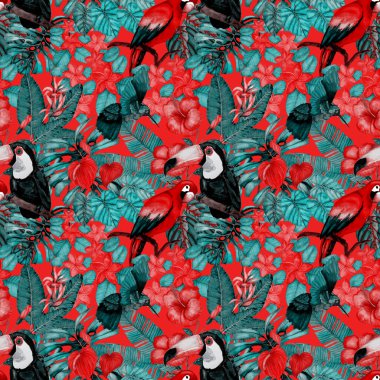 Kuşların, tropik çiçeklerin ve yaprakların olduğu kusursuz bir suluboya deseni. Her türlü tasarım için parlak bir yaz baskısı. Egzotik orman hayvanı duvar kağıdı. Moda baskısı.