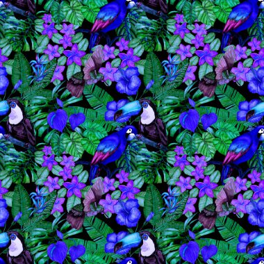 Kuşların, tropik çiçeklerin ve yaprakların olduğu kusursuz bir suluboya deseni. Her türlü tasarım için parlak bir yaz baskısı. Egzotik orman hayvanı duvar kağıdı. Moda baskısı.