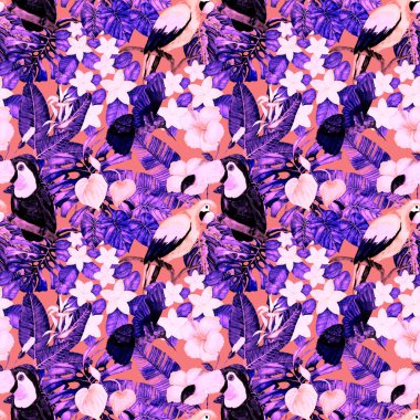 Kuşların, tropik çiçeklerin ve yaprakların olduğu kusursuz bir suluboya deseni. Her türlü tasarım için parlak bir yaz baskısı. Egzotik orman hayvanı duvar kağıdı. Moda baskısı.