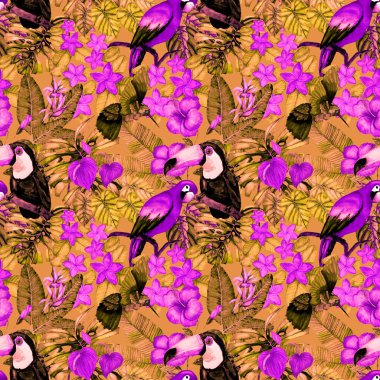 Kuşların, tropik çiçeklerin ve yaprakların olduğu kusursuz bir suluboya deseni. Her türlü tasarım için parlak bir yaz baskısı. Egzotik orman hayvanı duvar kağıdı. Moda baskısı.