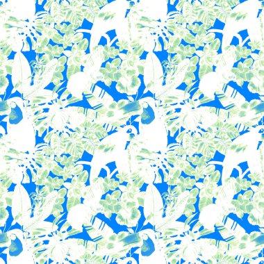 Kuşların, tropik çiçeklerin ve yaprakların olduğu kusursuz bir suluboya deseni. Her türlü tasarım için parlak bir yaz baskısı. Egzotik orman hayvanı duvar kağıdı. Moda baskısı.