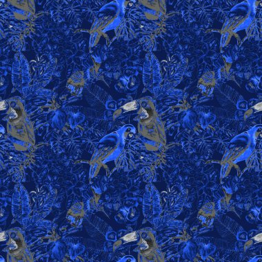 Kuşların, tropik çiçeklerin ve yaprakların olduğu kusursuz bir suluboya deseni. Her türlü tasarım için parlak bir yaz baskısı. Egzotik orman hayvanı duvar kağıdı. Moda baskısı.