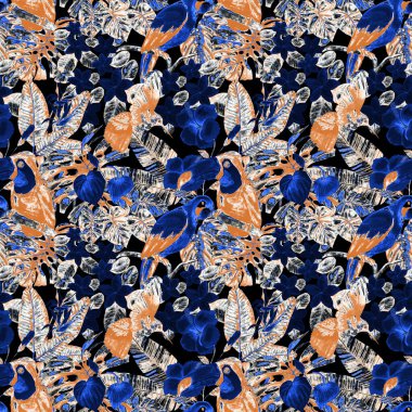 Kuşların, tropik çiçeklerin ve yaprakların olduğu kusursuz bir suluboya deseni. Her türlü tasarım için parlak bir yaz baskısı. Egzotik orman hayvanı duvar kağıdı. Moda baskısı.