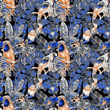 Kuşların, tropik çiçeklerin ve yaprakların olduğu kusursuz bir suluboya deseni. Her türlü tasarım için parlak bir yaz baskısı. Egzotik orman hayvanı duvar kağıdı. Moda baskısı.