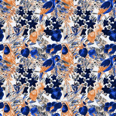 Kuşların, tropik çiçeklerin ve yaprakların olduğu kusursuz bir suluboya deseni. Her türlü tasarım için parlak bir yaz baskısı. Egzotik orman hayvanı duvar kağıdı. Moda baskısı.