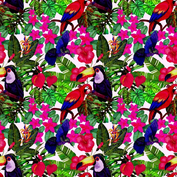 Акварельный Узор Птицами Цветами Листьями Яркий Летний Принт Любого Дизайна — стоковое фото