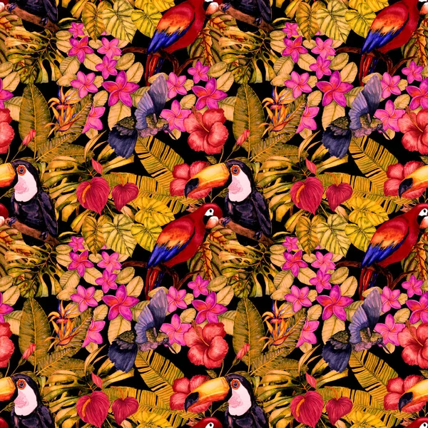 Beautiful watercolor seamless pattern with birds and tropical flowers and leaves. Bright summer print for any kind of design. Exotic jungle animal wallpaper. Fashion print.