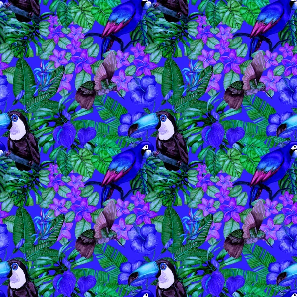 Beautiful Watercolor Seamless Pattern Birds Tropical Flowers Leaves Bright Summer — Stock Photo, Image