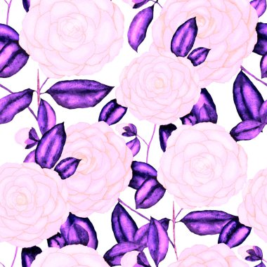 Kamelya çiçekli suluboya desenli. Çiçek tasarımı. Kamelyalı romantik bir düğün geçmişi. Parlak, kusursuz bir yaz deseni. Botanik duvar kağıdı. Her türlü tasarım için kullanılabilir.