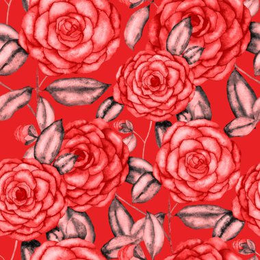 Kamelya çiçekli suluboya desenli. Çiçek tasarımı. Kamelyalı romantik bir düğün geçmişi. Parlak, kusursuz bir yaz deseni. Botanik duvar kağıdı. Her türlü tasarım için kullanılabilir.