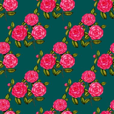 Kamelya çiçekli suluboya desenli. Çiçek tasarımı. Kamelyalı romantik bir düğün geçmişi. Parlak, kusursuz bir yaz deseni. Botanik duvar kağıdı. Her türlü tasarım için kullanılabilir.