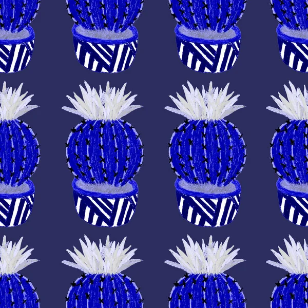 Creative Seamless Pattern Hand Drawn Cactuses Pots Bright Botanical Print — Stock Photo, Image