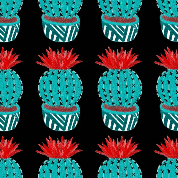 创造性地无缝图案与手绘Cactuses在罐中 明亮的植物学指纹 无缝隙装饰背景与仙人掌 可用于任何一种装饰设计 — 图库照片
