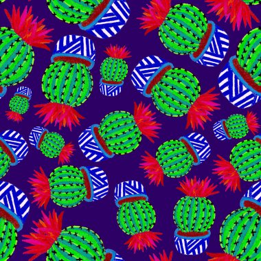 Kaktüslere el çizimi kaktüsler çizilmiş yaratıcı, pürüzsüz desen. Parlak botanik parmak izi. Kaktüslü kusursuz dekoratif arka plan. Her türlü dekorasyon için kullanılabilir..