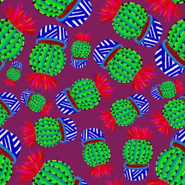 Kaktüslere el çizimi kaktüsler çizilmiş yaratıcı, pürüzsüz desen. Parlak botanik parmak izi. Kaktüslü kusursuz dekoratif arka plan. Her türlü dekorasyon için kullanılabilir..