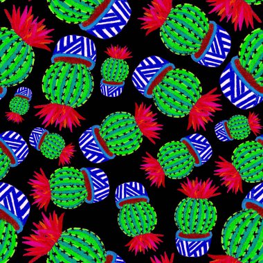 Kaktüslere el çizimi kaktüsler çizilmiş yaratıcı, pürüzsüz desen. Parlak botanik parmak izi. Kaktüslü kusursuz dekoratif arka plan. Her türlü dekorasyon için kullanılabilir..