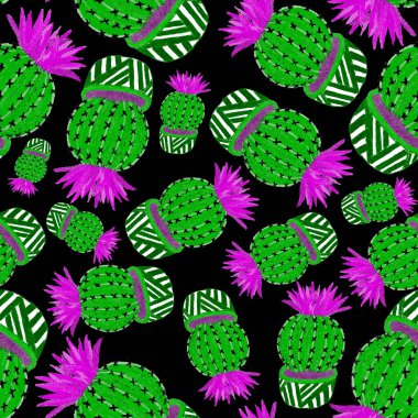 Kaktüslere el çizimi kaktüsler çizilmiş yaratıcı, pürüzsüz desen. Parlak botanik parmak izi. Kaktüslü kusursuz dekoratif arka plan. Her türlü dekorasyon için kullanılabilir..