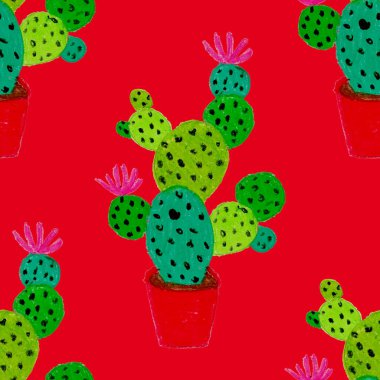 Kaktüslere el çizimi kaktüsler çizilmiş yaratıcı, pürüzsüz desen. Parlak botanik parmak izi. Kaktüslü kusursuz dekoratif arka plan. Her türlü dekorasyon için kullanılabilir..