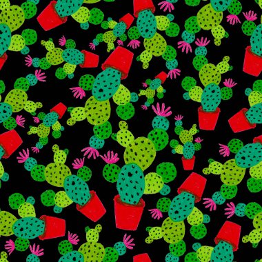 Kaktüslere el çizimi kaktüsler çizilmiş yaratıcı, pürüzsüz desen. Parlak botanik parmak izi. Kaktüslü kusursuz dekoratif arka plan. Her türlü dekorasyon için kullanılabilir..