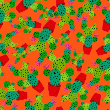Kaktüslere el çizimi kaktüsler çizilmiş yaratıcı, pürüzsüz desen. Parlak botanik parmak izi. Kaktüslü kusursuz dekoratif arka plan. Her türlü dekorasyon için kullanılabilir..