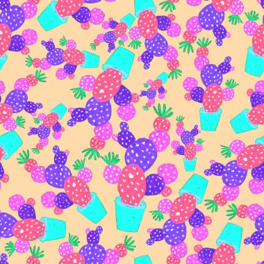 Kaktüslere el çizimi kaktüsler çizilmiş yaratıcı, pürüzsüz desen. Parlak botanik parmak izi. Kaktüslü kusursuz dekoratif arka plan. Her türlü dekorasyon için kullanılabilir..