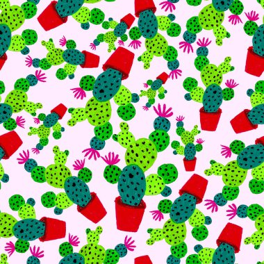 Kaktüslere el çizimi kaktüsler çizilmiş yaratıcı, pürüzsüz desen. Parlak botanik parmak izi. Kaktüslü kusursuz dekoratif arka plan. Her türlü dekorasyon için kullanılabilir..