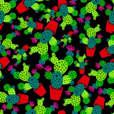 Kaktüslere el çizimi kaktüsler çizilmiş yaratıcı, pürüzsüz desen. Parlak botanik parmak izi. Kaktüslü kusursuz dekoratif arka plan. Her türlü dekorasyon için kullanılabilir..
