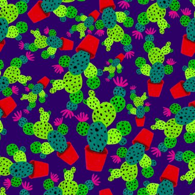 Kaktüslere el çizimi kaktüsler çizilmiş yaratıcı, pürüzsüz desen. Parlak botanik parmak izi. Kaktüslü kusursuz dekoratif arka plan. Her türlü dekorasyon için kullanılabilir..