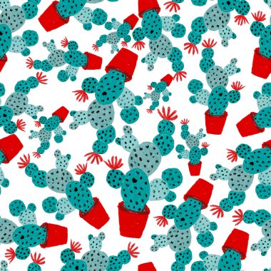 Kaktüslere el çizimi kaktüsler çizilmiş yaratıcı, pürüzsüz desen. Parlak botanik parmak izi. Kaktüslü kusursuz dekoratif arka plan. Her türlü dekorasyon için kullanılabilir..