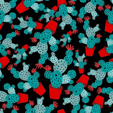 Kaktüslere el çizimi kaktüsler çizilmiş yaratıcı, pürüzsüz desen. Parlak botanik parmak izi. Kaktüslü kusursuz dekoratif arka plan. Her türlü dekorasyon için kullanılabilir..