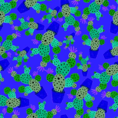 Kaktüslere el çizimi kaktüsler çizilmiş yaratıcı, pürüzsüz desen. Parlak botanik parmak izi. Kaktüslü kusursuz dekoratif arka plan. Her türlü dekorasyon için kullanılabilir..