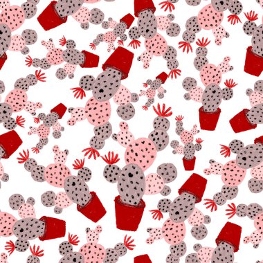 Kaktüslere el çizimi kaktüsler çizilmiş yaratıcı, pürüzsüz desen. Parlak botanik parmak izi. Kaktüslü kusursuz dekoratif arka plan. Her türlü dekorasyon için kullanılabilir..