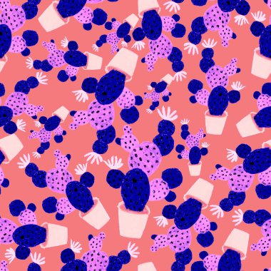 Kaktüslere el çizimi kaktüsler çizilmiş yaratıcı, pürüzsüz desen. Parlak botanik parmak izi. Kaktüslü kusursuz dekoratif arka plan. Her türlü dekorasyon için kullanılabilir..