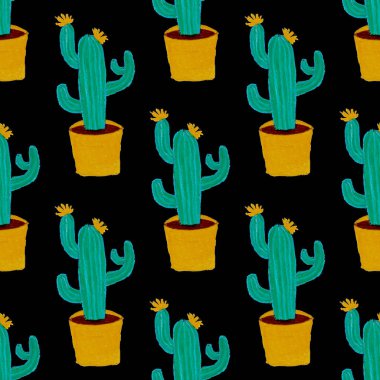 Kaktüslere el çizimi kaktüsler çizilmiş yaratıcı, pürüzsüz desen. Parlak botanik parmak izi. Kaktüslü kusursuz dekoratif arka plan. Her türlü dekorasyon için kullanılabilir..