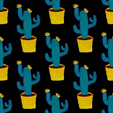 Kaktüslere el çizimi kaktüsler çizilmiş yaratıcı, pürüzsüz desen. Parlak botanik parmak izi. Kaktüslü kusursuz dekoratif arka plan. Her türlü dekorasyon için kullanılabilir..