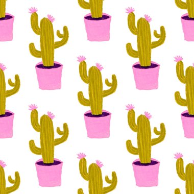 Kaktüslere el çizimi kaktüsler çizilmiş yaratıcı, pürüzsüz desen. Parlak botanik parmak izi. Kaktüslü kusursuz dekoratif arka plan. Her türlü dekorasyon için kullanılabilir..