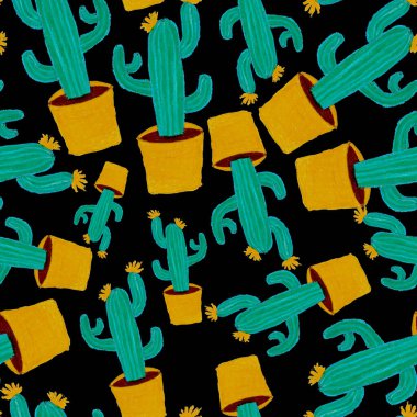 Kaktüslere el çizimi kaktüsler çizilmiş yaratıcı, pürüzsüz desen. Parlak botanik parmak izi. Kaktüslü kusursuz dekoratif arka plan. Her türlü dekorasyon için kullanılabilir..