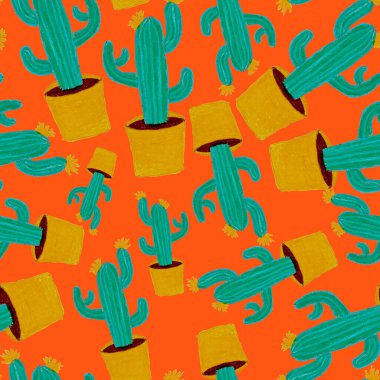 Kaktüslere el çizimi kaktüsler çizilmiş yaratıcı, pürüzsüz desen. Parlak botanik parmak izi. Kaktüslü kusursuz dekoratif arka plan. Her türlü dekorasyon için kullanılabilir..