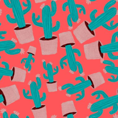Kaktüslere el çizimi kaktüsler çizilmiş yaratıcı, pürüzsüz desen. Parlak botanik parmak izi. Kaktüslü kusursuz dekoratif arka plan. Her türlü dekorasyon için kullanılabilir..