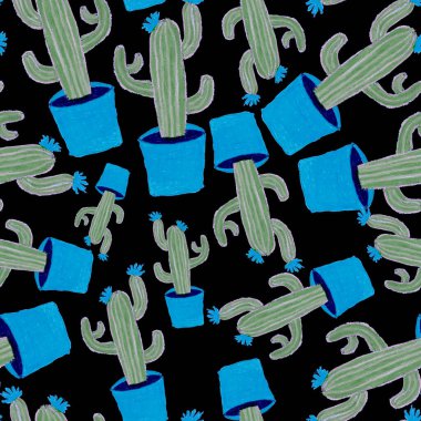 Kaktüslere el çizimi kaktüsler çizilmiş yaratıcı, pürüzsüz desen. Parlak botanik parmak izi. Kaktüslü kusursuz dekoratif arka plan. Her türlü dekorasyon için kullanılabilir..